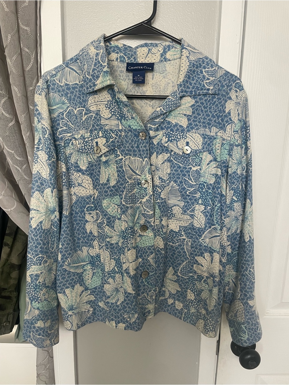 Charter Club Blue Floral Button-Up Linen Jacket
